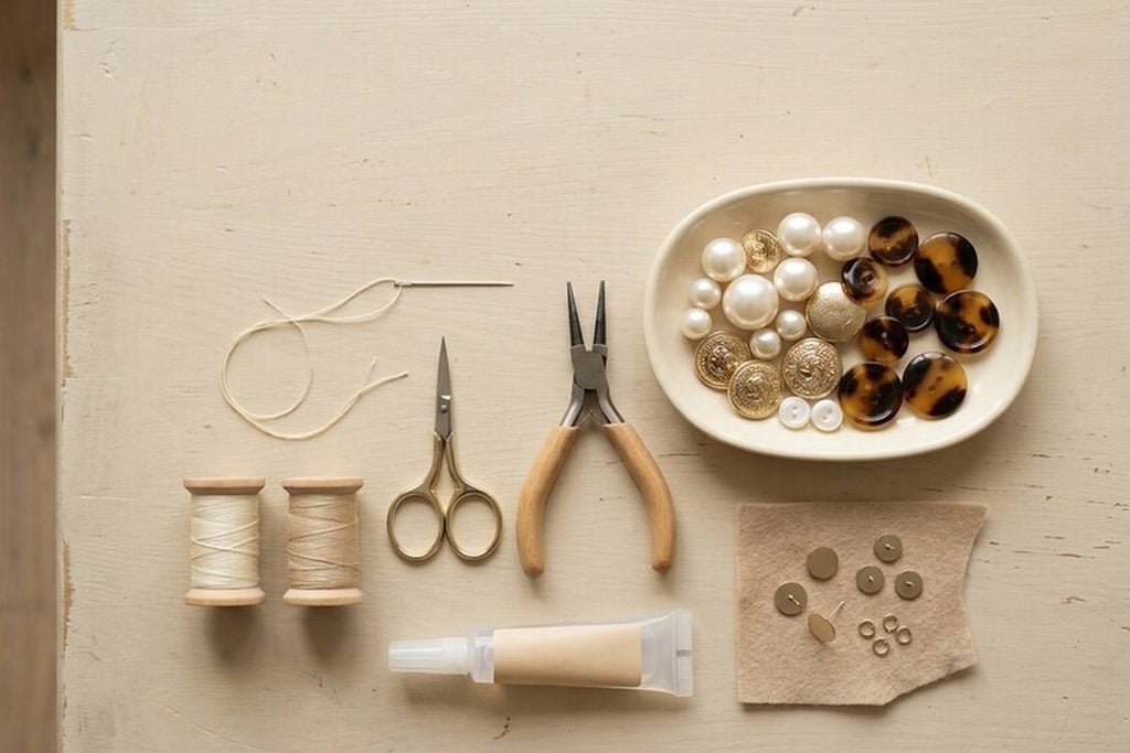 Button craft supplies including a needle and thread, embroidery scissors, jewelry pliers, craft glue, earring posts and a dish of buttons