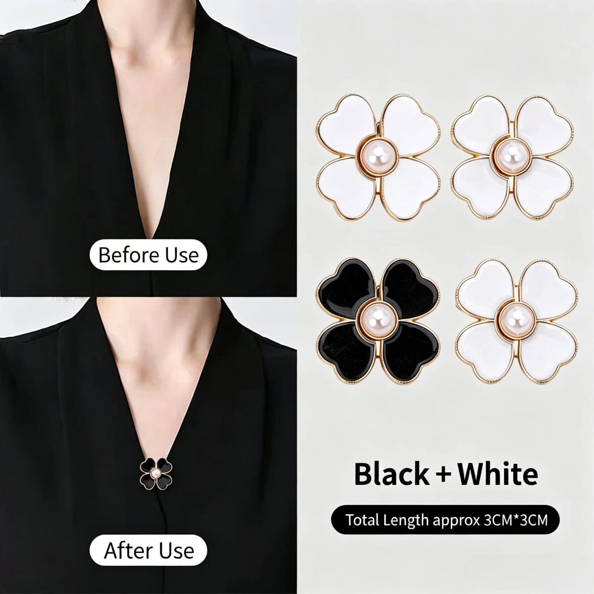 Mixed black and white clover pearl brooches, shown closing the V-neckline of a black top before and after use