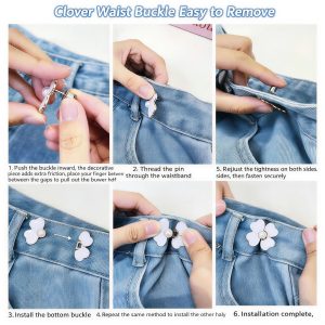 Six-step guide showing how to install and remove the clover pearl waist buckle on a denim waistband