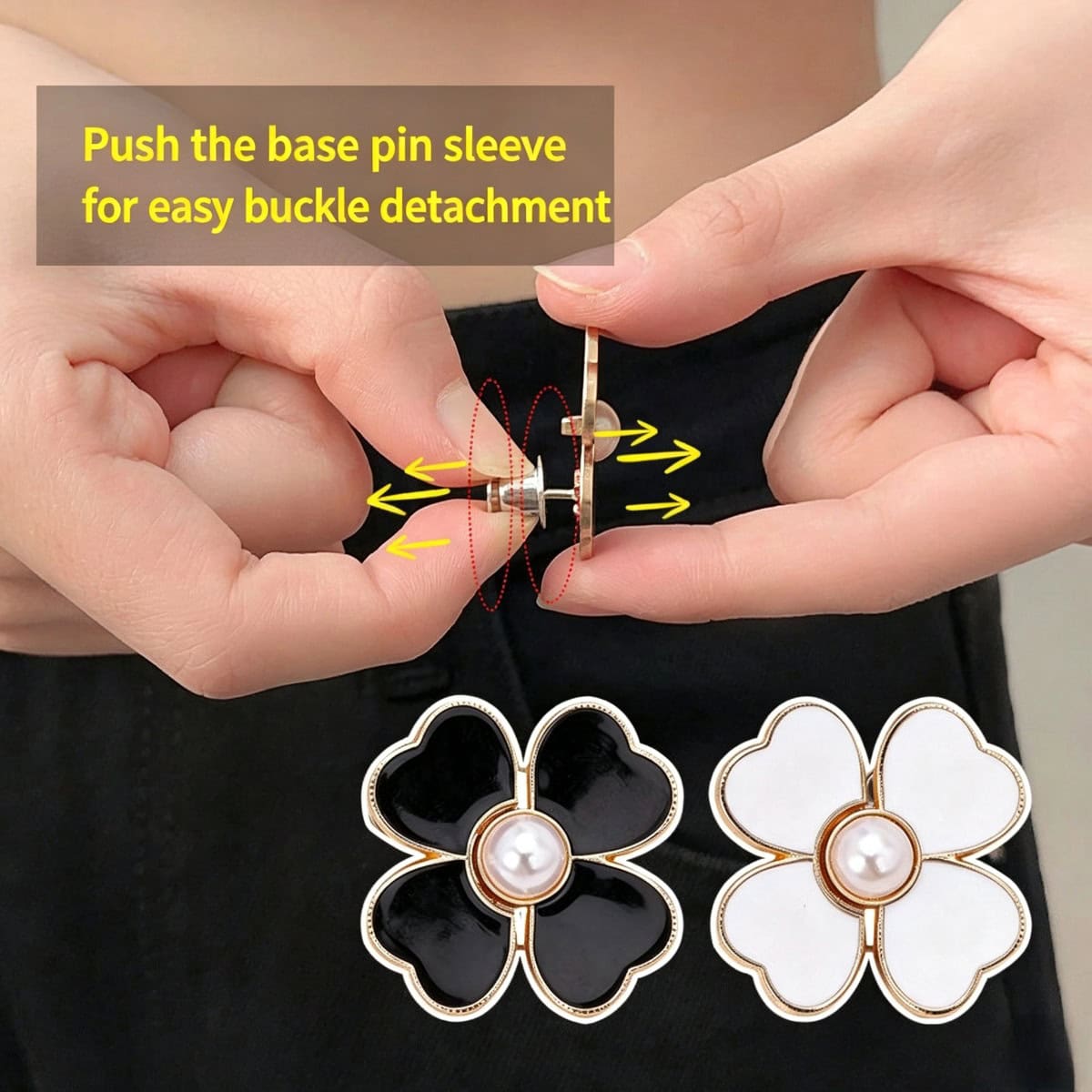 Hands pushing the base pin sleeve to detach the clover pearl waist buckle from a black waistband, with black and white clips shown below