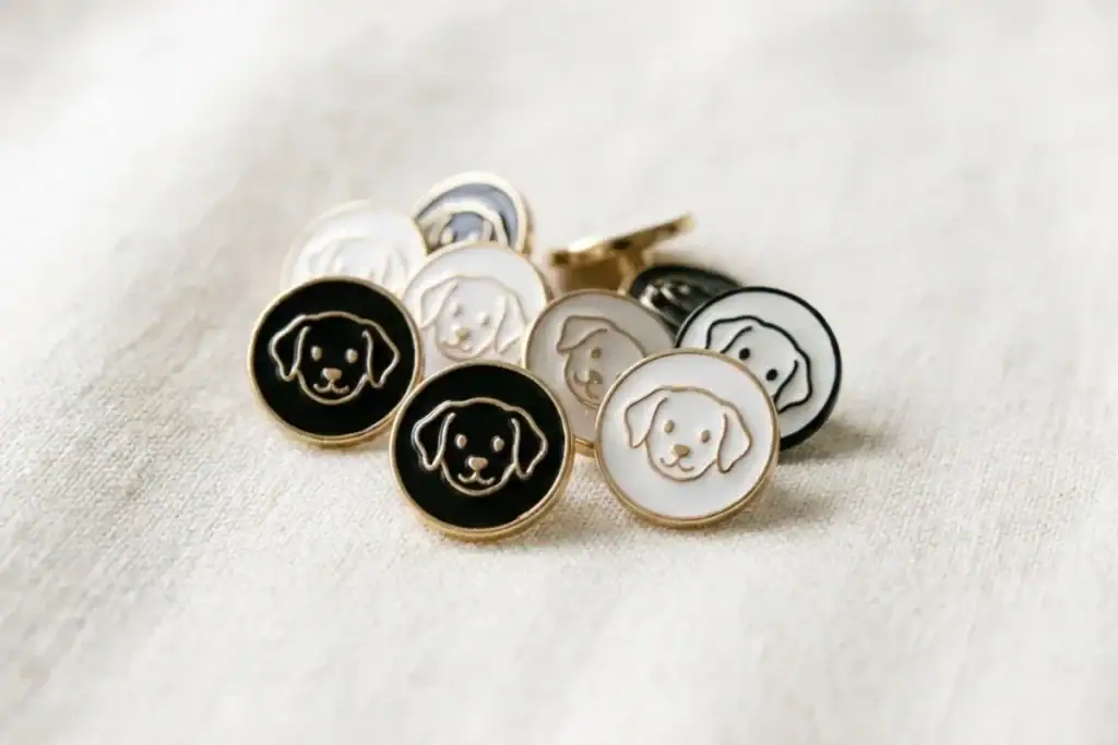 Dog buttons in black and white enamel with gold-tone and black rims, 11mm shank buttons with a raised puppy face