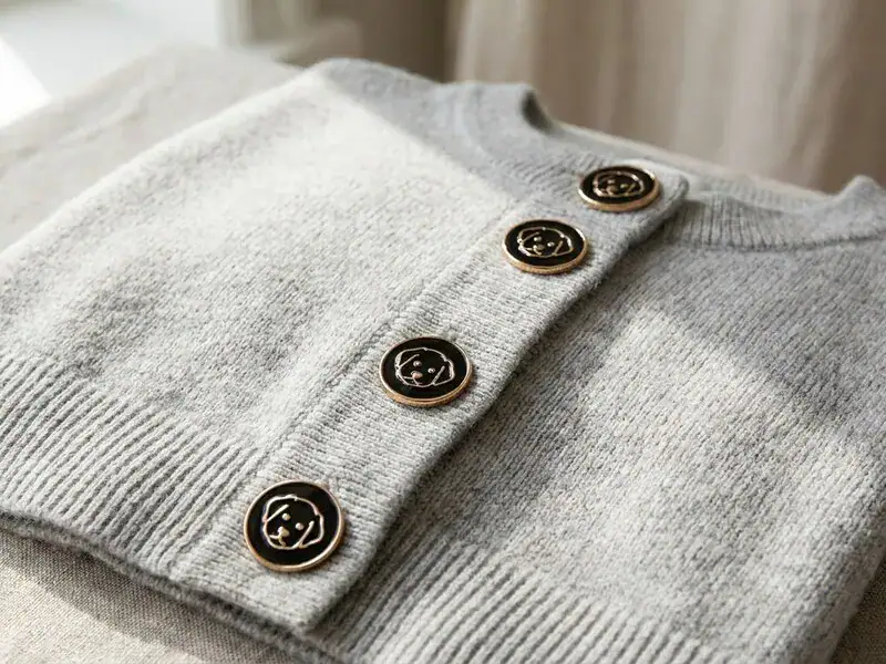 Dog buttons sewn in a row down the front placket of a gray knitted cardigan