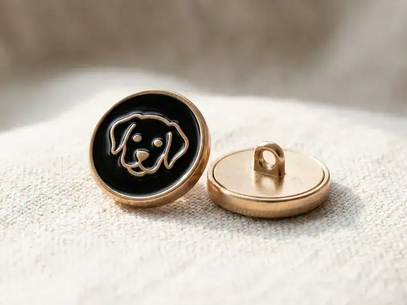 Dog buttons shown face up and face down, with the glossy enamel puppy face and the metal shank loop on the back