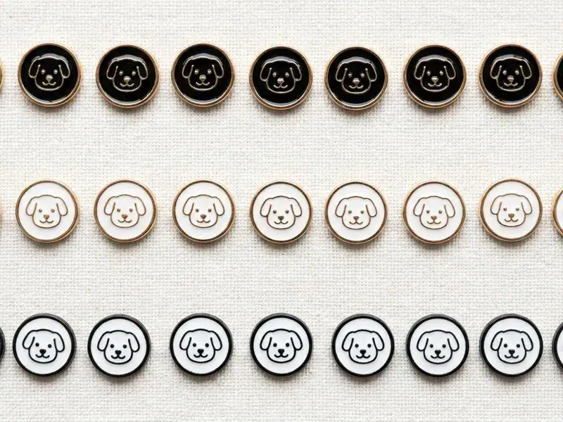 Dog buttons in three colorways, black enamel with a gold-tone rim, white enamel with a gold-tone rim and white enamel with a black rim