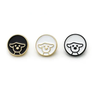 Three dog enamel buttons in black with a gold-tone rim, white with a gold-tone rim and white with a black rim, round 11mm shank buttons with a raised puppy face