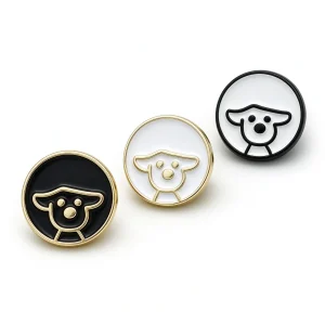 The full colour range of dog enamel buttons, black with a gold-tone rim, white with a gold-tone rim and white with a black rim