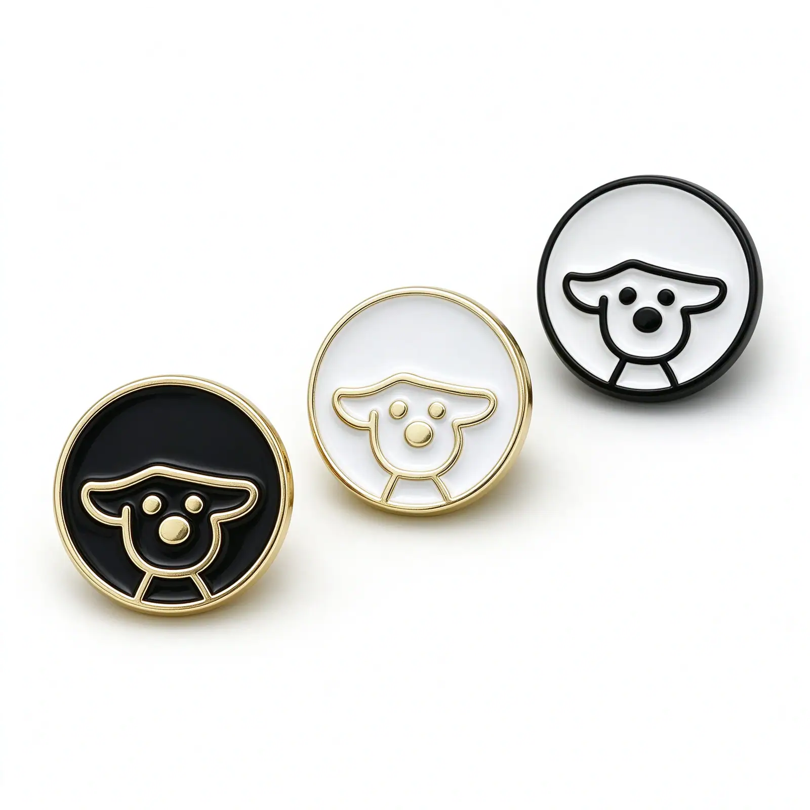 The full colour range of dog enamel buttons, black with a gold-tone rim, white with a gold-tone rim and white with a black rim