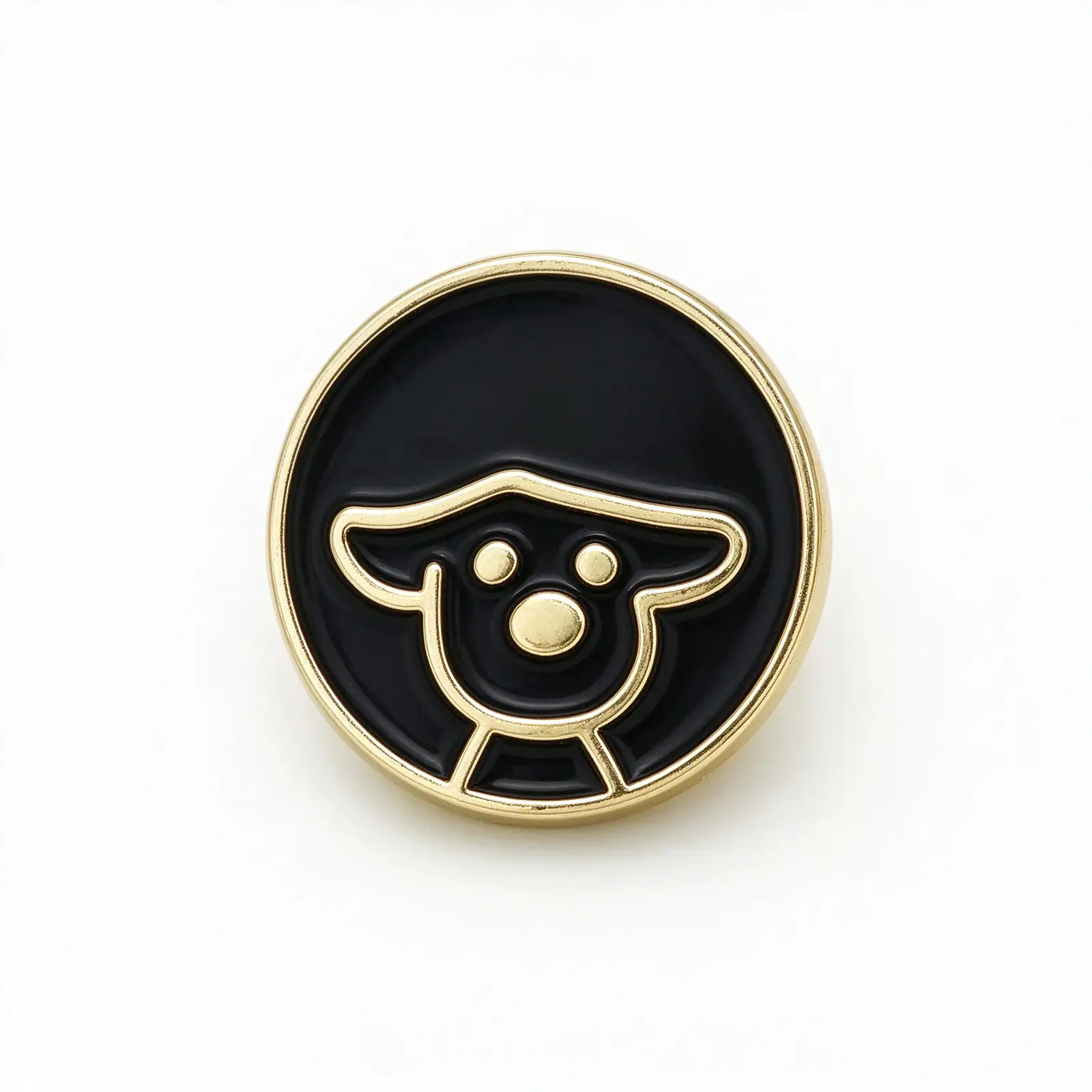 Dog enamel button in glossy black with a gold-tone rim and a raised gold-tone puppy face outline