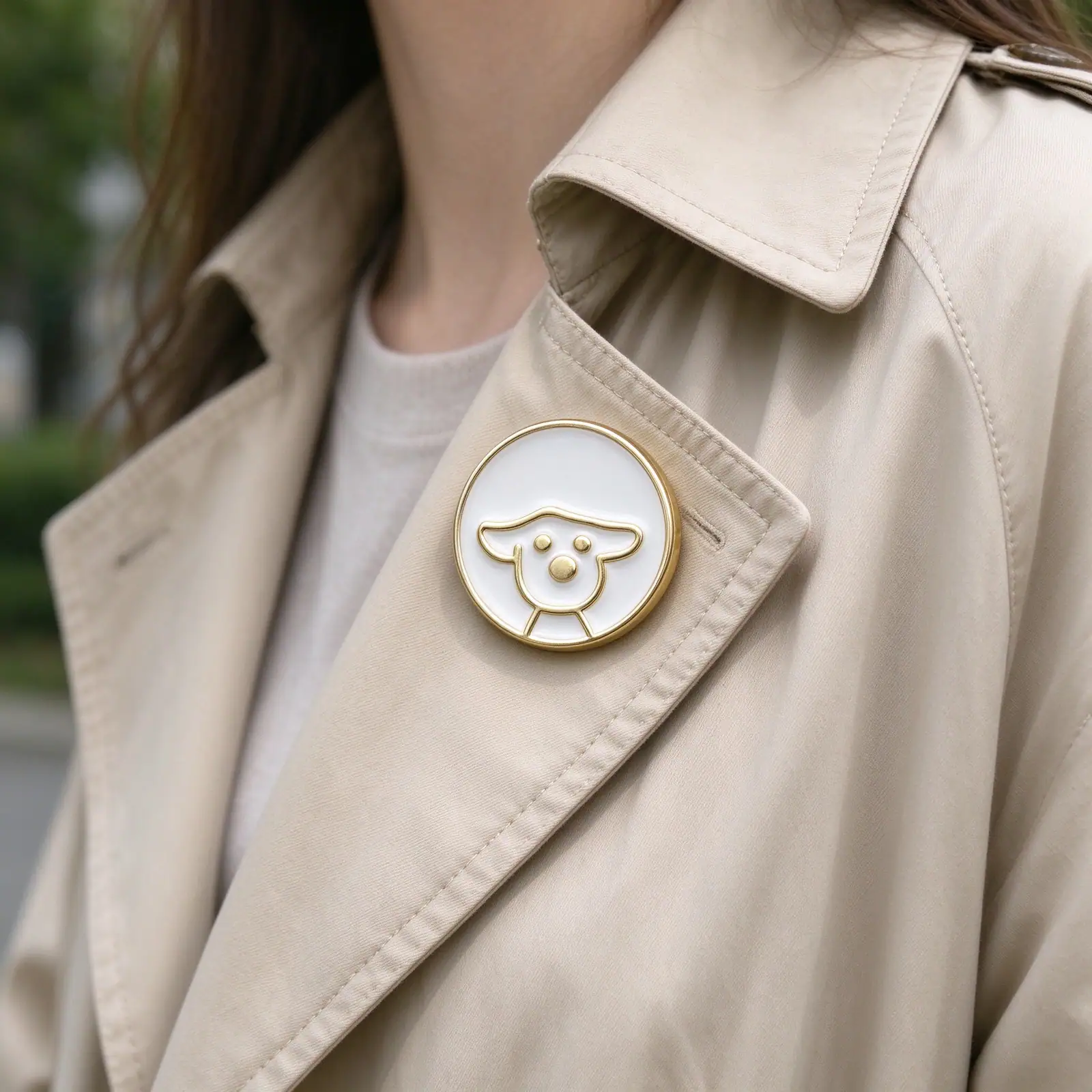 White dog enamel button with a gold-tone rim on the lapel of a beige trench coat