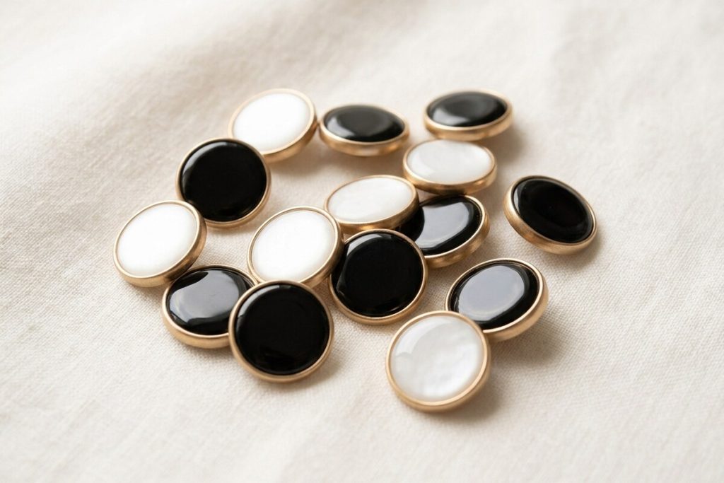 Enamel buttons with glossy black and white faces set in gold-tone metal rims on a linen surface
