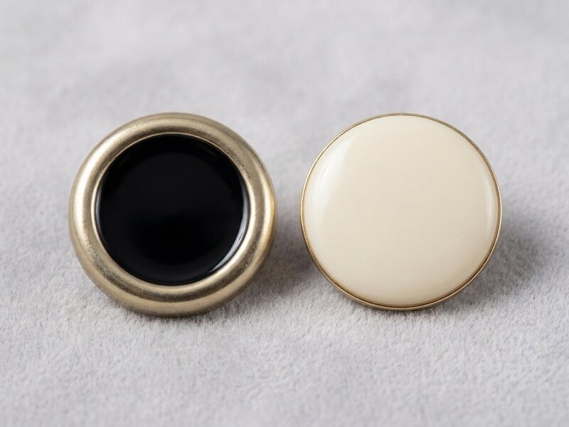 Enamel buttons in two constructions, a metal base with a black epoxy enamel face beside a cream resin button with an enamel-look finish
