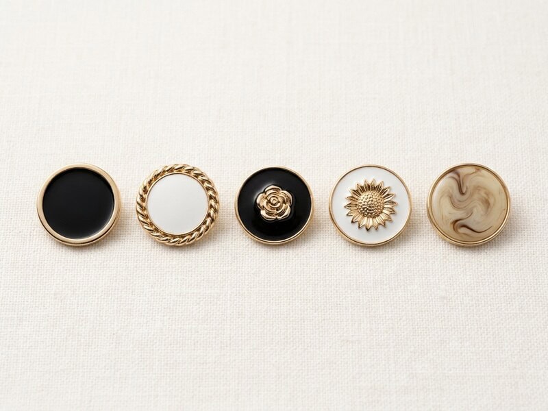 Enamel buttons in five styles, plain round, braided rim, raised rose motif, sunflower motif and swirled marbled face