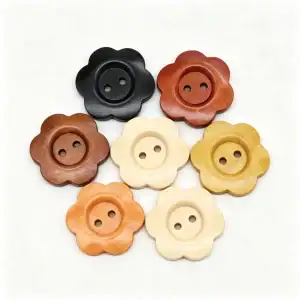 Flower shaped wooden buttons in natural, cream, mustard, light brown, medium brown, red brown and black, two-hole sew-through wooden buttons with a scalloped petal edge
