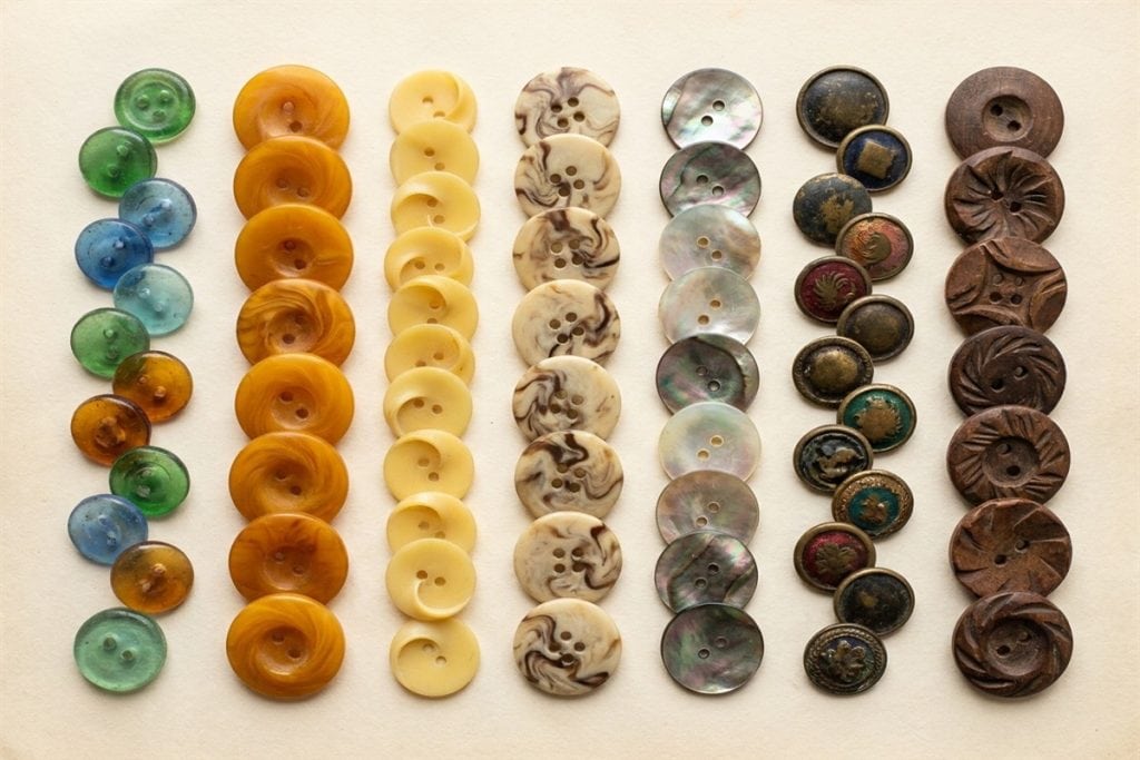 Vintage buttons sorted by material, from glass and Bakelite to celluloid, casein, shell, metal and wood