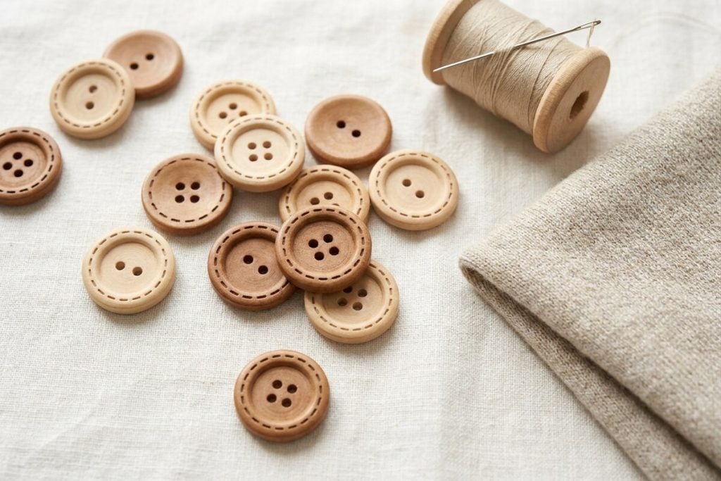 Natural wood buttons with a carved dashed edge in two hole and four hole styles, with a spool of thread and a knit swatch