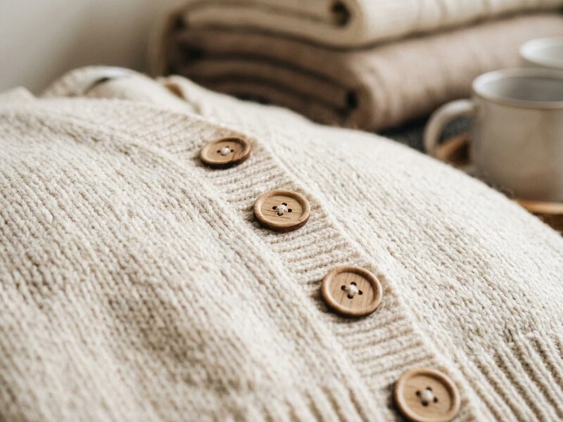 Natural wood buttons sewn onto the front of a cream knit cardigan