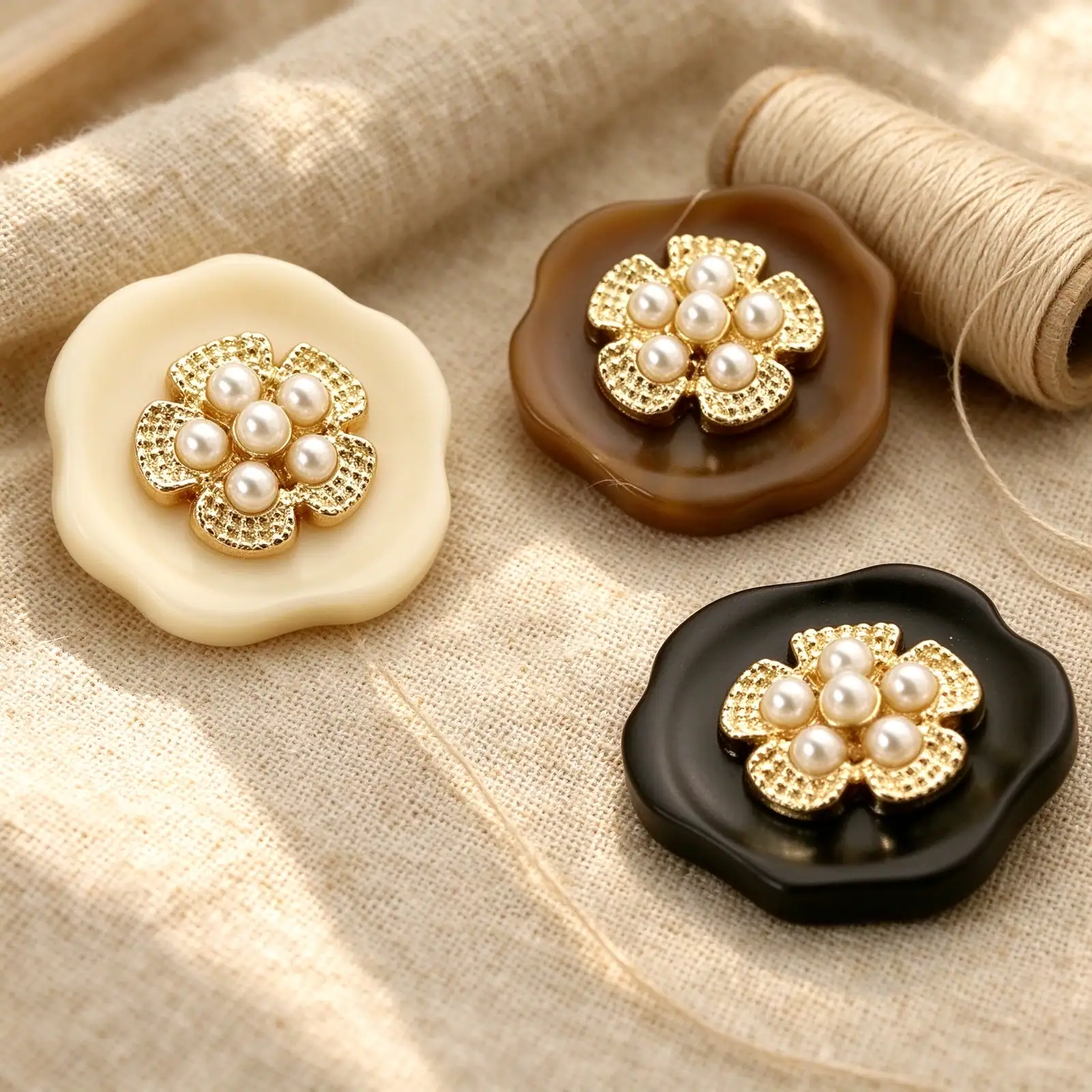 Three pearl cluster flower buttons laid on linen fabric beside a spool of thread