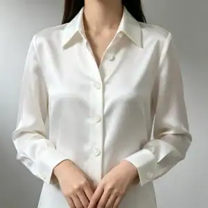 Ivory satin blouse fastened with white pearlescent resin buttons