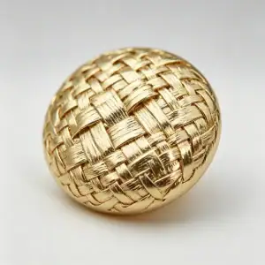 Close up of a round woven gold button showing the interlaced criss-cross weave and brushed gold-tone finish