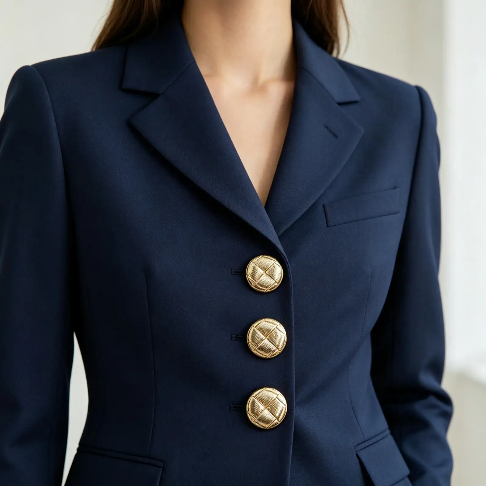 Navy blazer front closure fitted with three round woven gold buttons