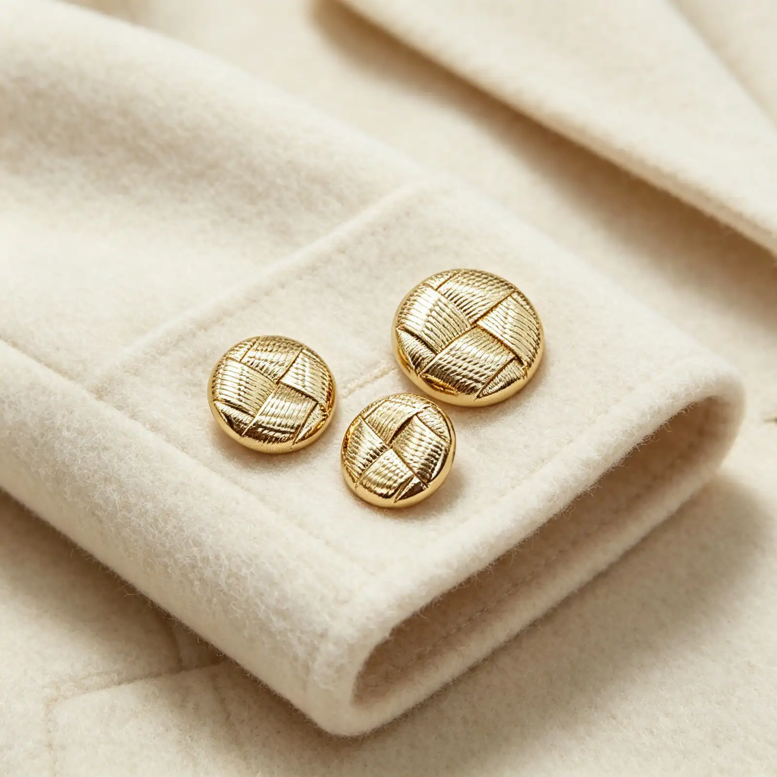 Round woven gold buttons resting on a cream wool coat cuff in three sizes