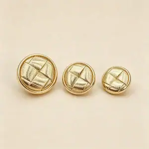 Size guide showing 22.5mm, 18mm and 15mm round woven gold buttons side by side