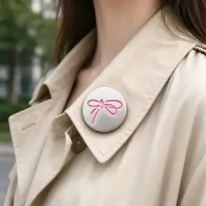 Silver bow button with a pink ribbon bow on the lapel of a beige trench coat
