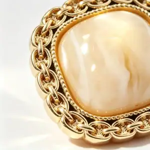 Close up of a cream square chain link button showing the gold-tone chain-link rim, twisted rope inner ring and glossy marble-look resin dome