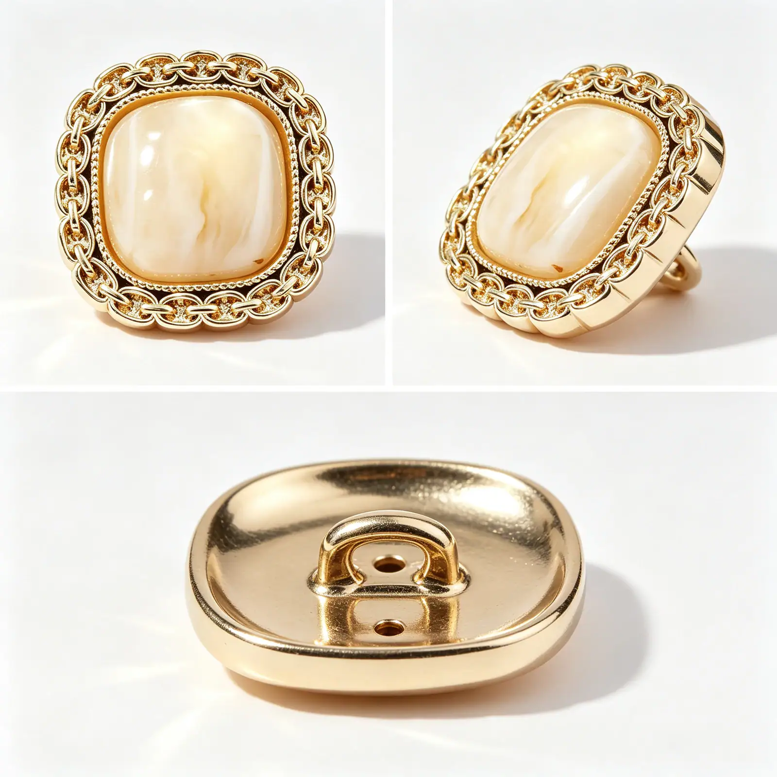 Front, side and back views of a cream square chain link button, showing the gold-tone chain-link rim, domed resin face and metal shank loop on the back