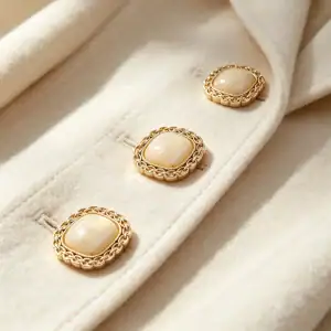 Three cream square chain link buttons sewn onto a cream wool coat placket, showing the gold-tone chain-link rim against the fabric