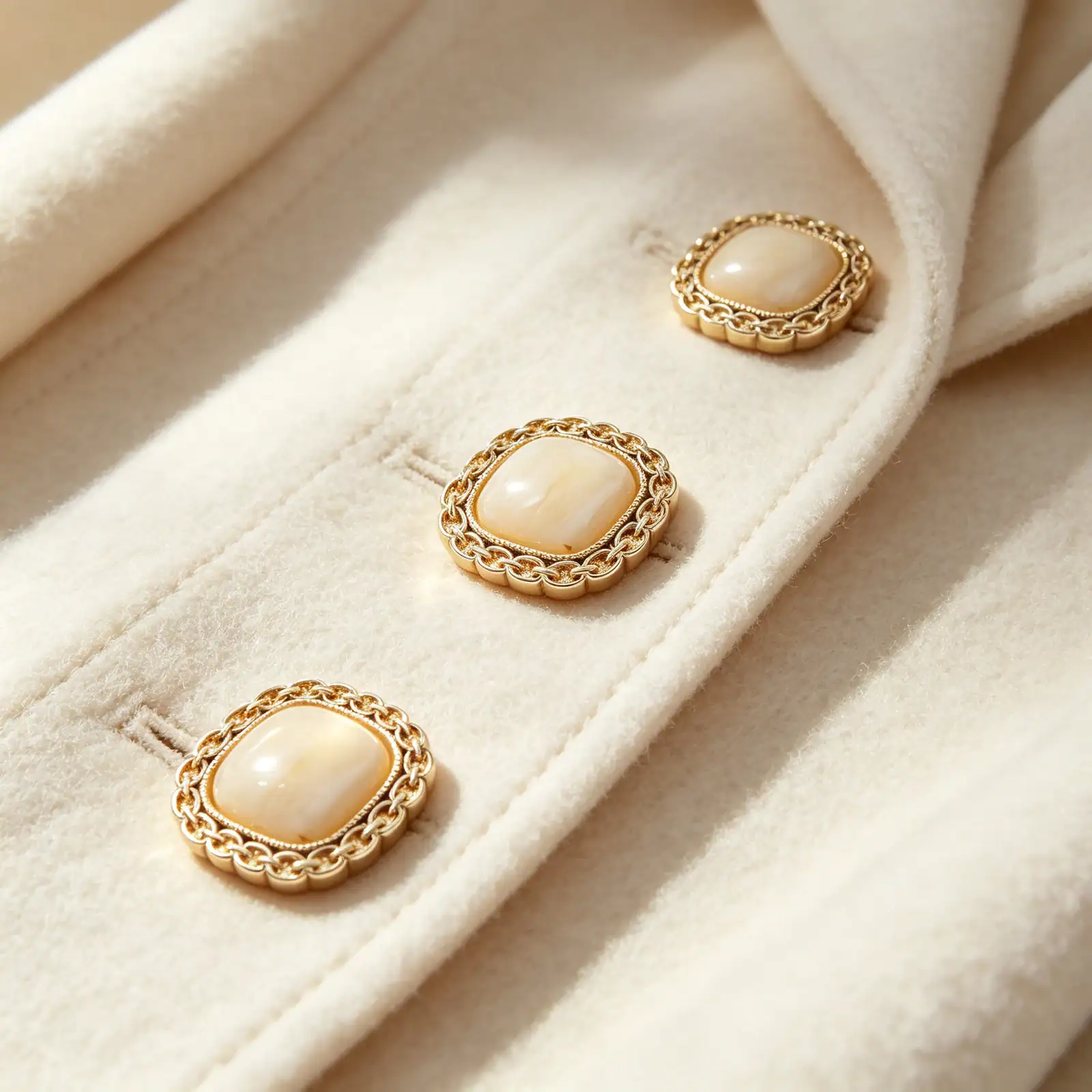 Three cream square chain link buttons sewn onto a cream wool coat placket, showing the gold-tone chain-link rim against the fabric