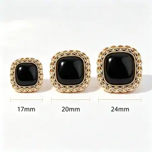 Size comparison of black square chain link buttons in 17mm, 20mm and 24mm, each with a gold-tone chain-link rim