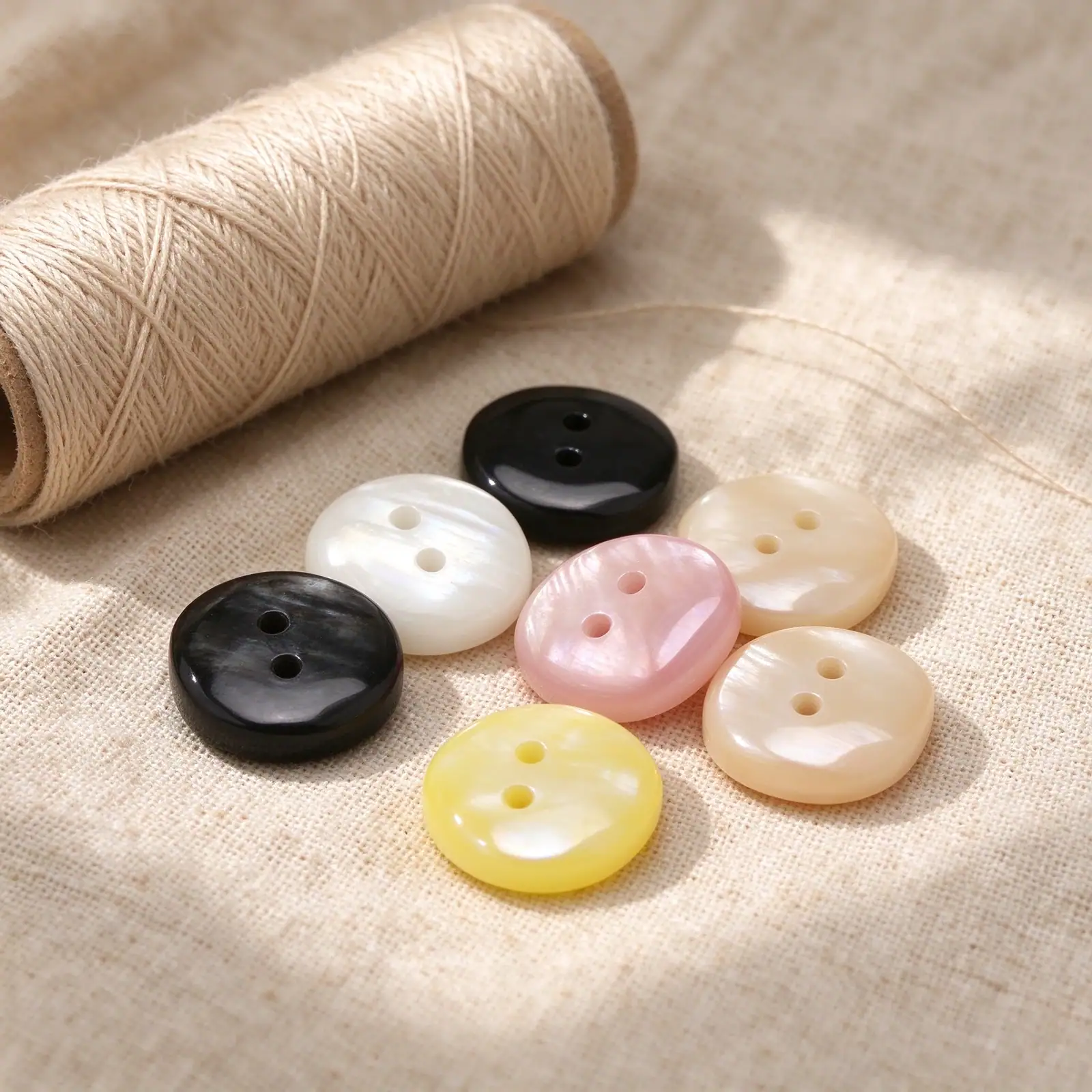 Resin buttons in black, white, pink, yellow and cream laid on linen fabric next to a spool of thread
