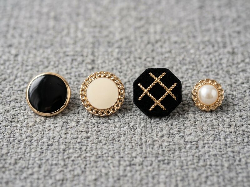 Four tweed jacket button styles on grey boucle fabric: black enamel with gold-tone rim, cream enamel with braided chain rim, octagon flocked velvet, and faux pearl with scalloped gold-tone trim