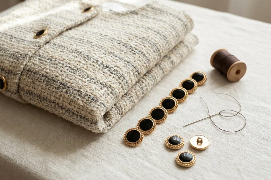 Tweed jacket buttons in gold-tone enamel with braided rims laid out beside a folded cream and grey boucle jacket with thread and needle